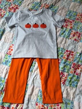 Kids Pumpkin Applique Set - Orange Pants, Light Blue Top